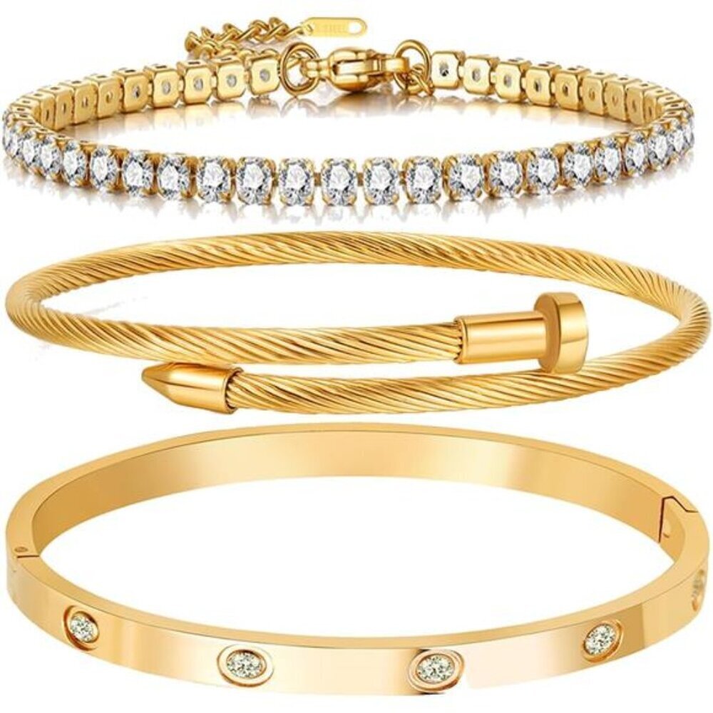 Elegant Gold-Plated Love Bangle Stack  Flexible Wide Wristband Set
